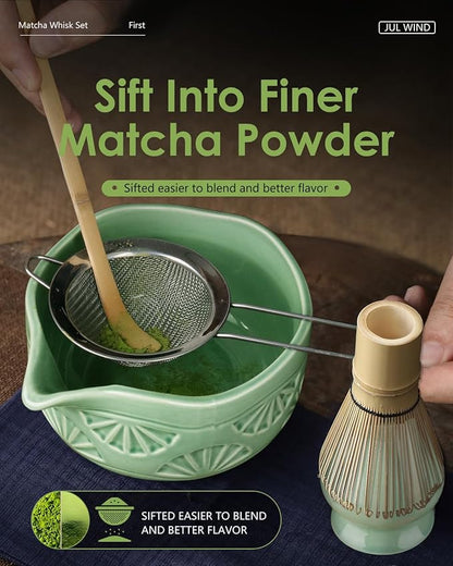 Matcha Whisk Set, Ceramic Matcha Set Includes Matcha Bowl with Spout, Matcha Whisk and Holder, Bamboo Scoop, Sifter and Tea Towel - 6 Pcs Matcha Kit Gift for Matcha Lovers (Green)