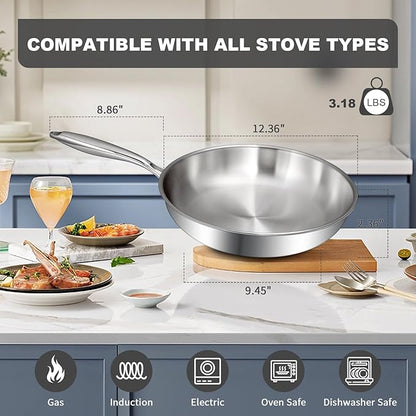 EWFEN 12 Inch Tri-Ply Stainless Steel Frying Pan, Compatible with All Cooktops Up to 600℉, Large Frying Pan Induction-Ready Skillet, Dishwasher and Oven Safe, Even Heat, 12" Skillet - Image 6