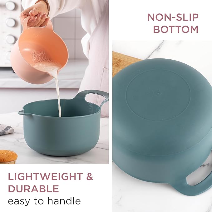 COOK WITH COLOR Nesting Plastic Mixing Bowl Set with Pour Spouts and Handles, Teal and Pink, 4 Piece Non-Slip - Image 2