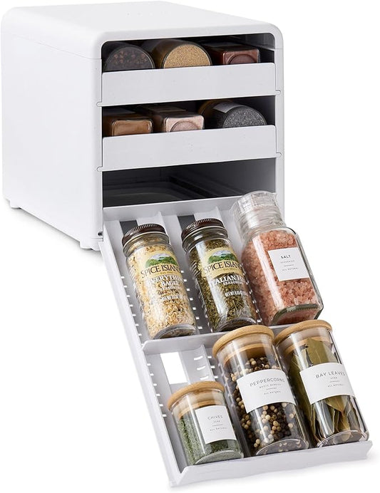 YouCopia SpiceStack,18-Bottle Adjustable Spice Rack Organizer, Pull-Out Seasoning Holder for Kitchen Cabinet and Pantry Storage with 104 Labels and Adjustable Dividers, Speckled White by YouCopia