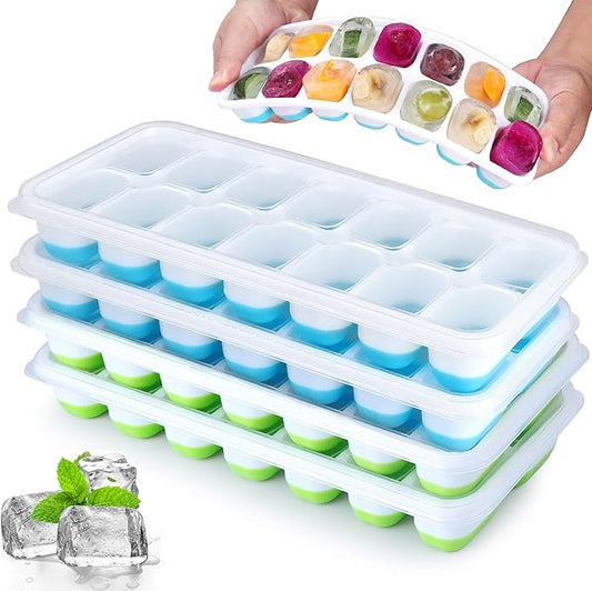 Silicone Ice Cube Tray, 4 Pack Easy-Release & Flexible 14-Ice Cube Trays with Spill-Resistant Removable Lid, Stackable Ice Trays with Covers for Freezer, Cocktail, Blue and Green by Jrisbo