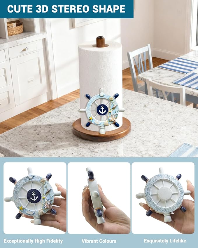 Ship's Rudder Paper Towel Holder, Nautical Coastal Beach Ocean Decor for Kitchen Bathroom Countertop, Freestanding Wooden Stand, Standard & Jumbo Rolls, Gift for Women