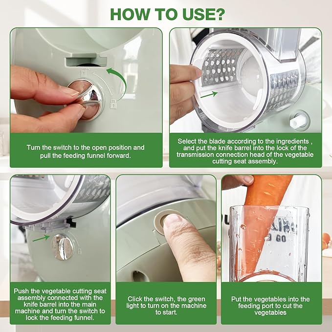 Electric Cheese Grater for Block Cheese - 3 in 1 Rotary Cheese Grater Electric Rotary Grater Salad Shooter Electric Slicer for Cheeses, Fruits, Vegetables and Nuts (Green, L)