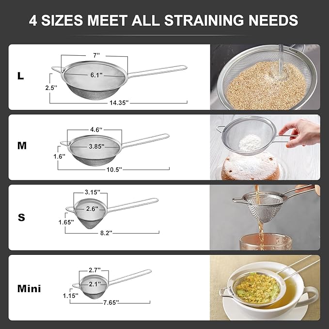 Walfos Fine Mesh Strainer 4PCS, Versatile Kitchen Strainer with Handle - 7", 4.6", 3.15", 2.7" Sieve Fine Mesh Stainless Steel, Metal Strainers and Sifters for Rice, Quinoa, Tea, Cocktail, Juice - Image 2