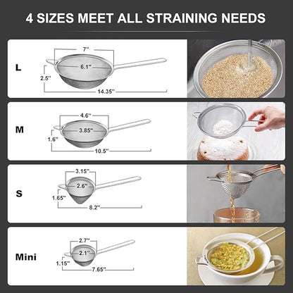 Walfos Fine Mesh Strainer 4PCS, Versatile Kitchen Strainer with Handle - 7", 4.6", 3.15", 2.7" Sieve Fine Mesh Stainless Steel, Metal Strainers and Sifters for Rice, Quinoa, Tea, Cocktail, Juice - Image 2