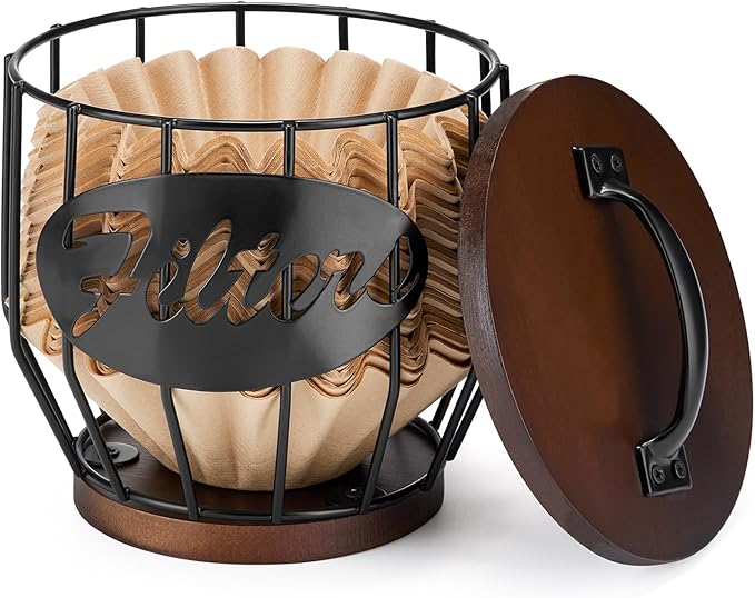 Yangbaga Coffee Filter Holder with Wood Lid,Wood and Metal Coffee Filter Storage Container Basket for Coffee Filters 2-4 Cup,Round Coffee Filter Holder Case for Counter,Coffee Bar Accessories decor by Hanber
