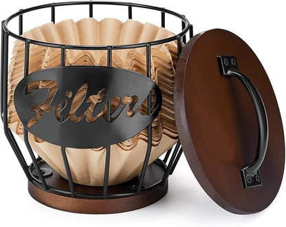Yangbaga Coffee Filter Holder with Wood Lid,Wood and Metal Coffee Filter Storage Container Basket for Coffee Filters 2-4 Cup,Round Coffee Filter Holder Case for Counter,Coffee Bar Accessories decor by Hanber