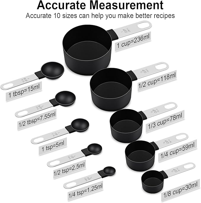 Measuring Cups and Spoons Set, 10 Pieces Nesting Measure Tools, Kitchen Essentials Gadgets with Stainless Steel Handle for Dry & Liquid Ingredient, Black - Image 2