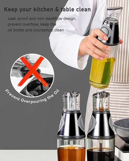 Oil Dispenser Bottle, 8.5oz Olive Oil Dispenser Oil Sprayer, Clear Glass Refillable Oil and Vinegar Dispenser Bottle with Measuring Scale Pump for Kitchen, Cooking, Salads, Baking Frying