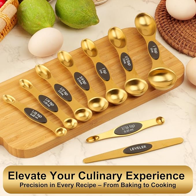 Gold Magnetic Measuring Spoons Set Stainless Steel with Leveler, Dual-Sided Stackable Metal Measuring Spoons for Baking & Cooking, Fits in Spice Jars, Heavy Duty Kitchen Gadgets, 8 Spoons & 1 Leveler - Image 6