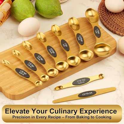 Gold Magnetic Measuring Spoons Set Stainless Steel with Leveler, Dual-Sided Stackable Metal Measuring Spoons for Baking & Cooking, Fits in Spice Jars, Heavy Duty Kitchen Gadgets, 8 Spoons & 1 Leveler - Image 6