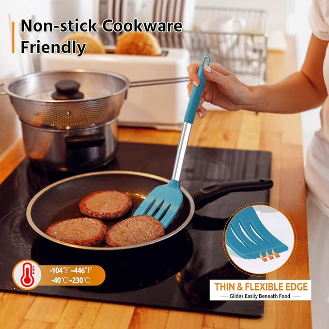 Cooking Utensils Set of 4, E-far Silicone Kitchen Utensils for Non-stick Cookware, Heat Resistant & Non-toxic Slotted Spatula Solid Spoon Turner for Flipping Mixing Serving Basting(Teal Blue) - Image 6