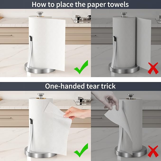 Jesginboo Brushed Nickel Paper Towel Holder for Kitchen, Stainless Steel Tension Arm for One-Handed Tear, Countertop Paper Towel Holder for Bathroom