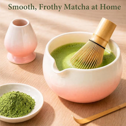 Matcha Whisk Set, Ceramic Matcha Set Includes Bowl & Holder, Bamboo Whisk (Chasen), Scoop, Spoon and Sifter, 6PCS Matcha Kit Covers Everything Needed for Making Matcha (Pink)