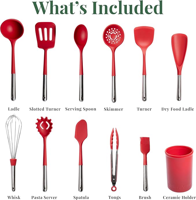 Larder & Vine 12-Piece Silicone Kitchen Cooking Utensils Set with Stainless Steel Handle and Ceramic Holder, Dishwasher Safe Set of Kitchen Essentials (Cabernet) - Image 3