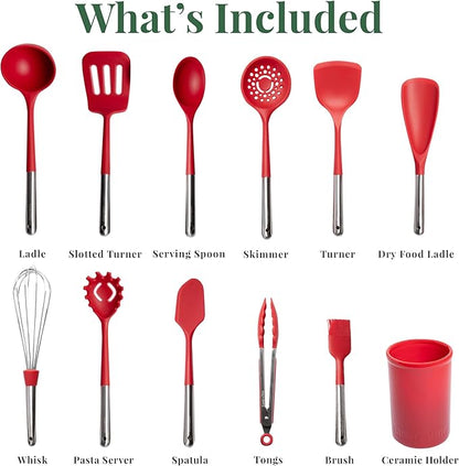 Larder & Vine 12-Piece Silicone Kitchen Cooking Utensils Set with Stainless Steel Handle and Ceramic Holder, Dishwasher Safe Set of Kitchen Essentials (Cabernet) - Image 3