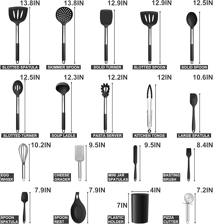 Silicone Kitchen Utensils Set, E-far 30-Piece Cooking Utensils Set with Holder, Heat Resistant Kitchen Spatulas Turner Tong Spoon Whisk Ladle for Nonstick Cookware, Stainless Steel Handle (Black) - Image 2