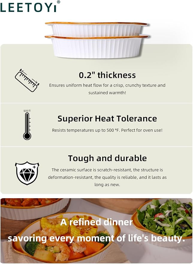 LEETOYI Porcelain Small Oval Au Gratin Pans, Baking Dish Set for 1 or 2 person servings, Bakeware with Double Handle for Kitchen and Home, Set of 2 (White/Brown) - Image 3