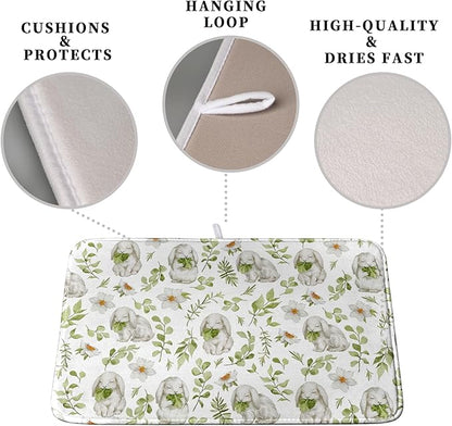 Easter Bunny Floral Drying Mat for Kitchen Counter Spring Easter Rabbits Green Leaves Dry Dish Mat Absorbent Microfiber Dish Draining Washable Dish Drainer Rack Mat 16x18 Inch - Image 3