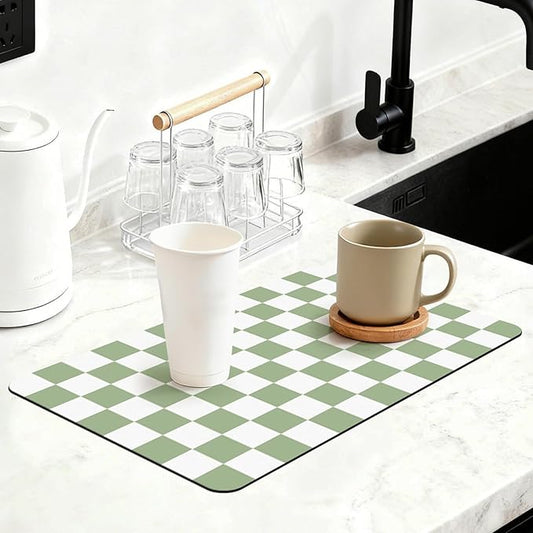 12" x 20" Checkered Dish Drying Mat for Kitchen Counter, Absorbent Coffee Bar Mat for Espresso Machine Coffee Countertops Accessories, Sage by Unknown