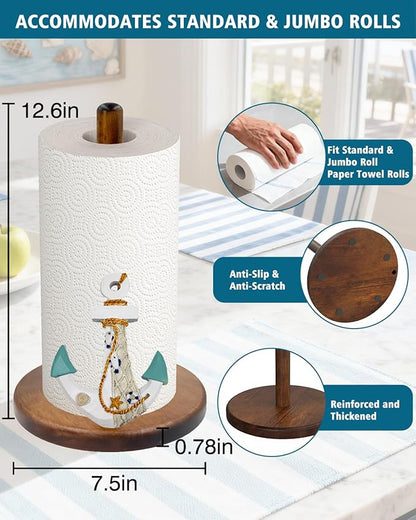 Ship's Anchor Paper Towel Holder, Nautical Coastal Beach Ocean Decor for Kitchen Bathroom Countertop, Freestanding Wooden Stand, Standard & Jumbo Rolls, Gift for Women