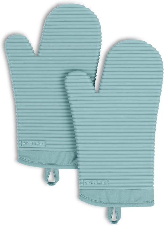 KITCHENAID Ribbed Soft Silicone Oven Mitt 2-Pack Set, 7.5"x13", Mineral Water Aqua by KitchenAid