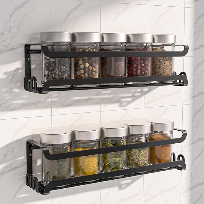 LUCYCAZ 2 Pack Wall Mounted Spice Rack with 8 Hooks, Spice Organizer Shelf for Stove Cabinet Pantry Door,Screw or Adhesive Spice Shelf Hanging Wall Spice Rack in Kitchen and RV (Black, 2 PACK) by LUCYCAZ