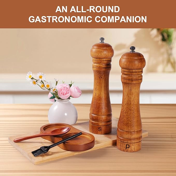 DEBETOOL Wooden Salt and Pepper Grinder Set with Stand - 8-inch Oak Wood Salt Mill Pepper Grinder Set, Adjustable Ceramic Core, 2 Pepper Mills + Wooden Spoon & Cleaning Brush (Kitchen Essential) - Image 6