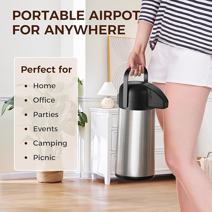 Coffee Carafe for Keeping Hot - Gezoss 85OZ / 2.5L Airpot Coffee Dispenser with Pump - Large Coffee Carafe for Hot Drinks Tea Liquid - Insulated Stainless Steel Hot Water Beverage Urn for Parties - Image 7