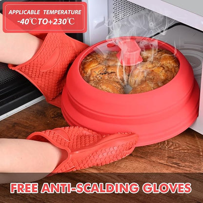Microwave Splatter Cover Glass Splatter Guard Lid with Collapsible Silicone for Food Pot Plate Cover 10.8 inch Red - Image 4