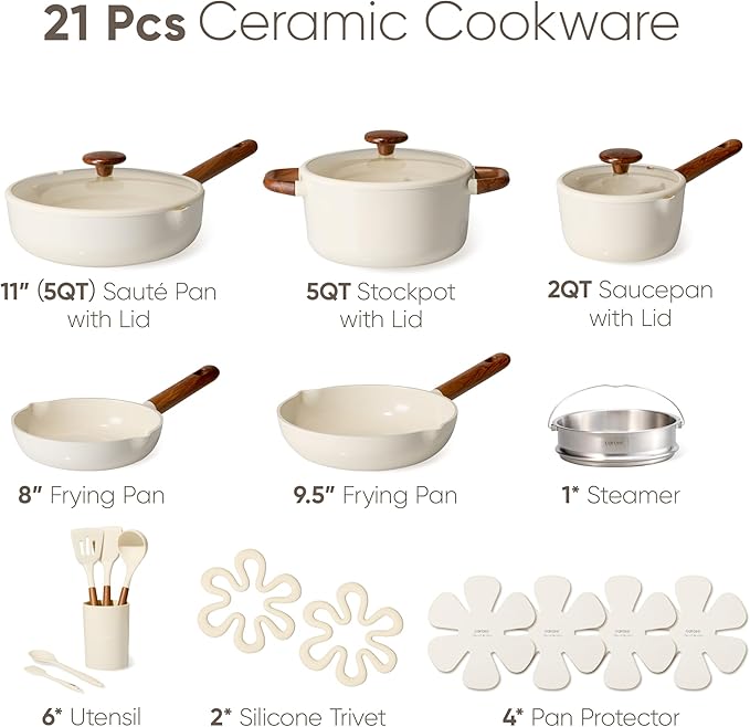 CAROTE 21pcs Cookware Set Nonstick Pots and Pans Set, Ceramic Cookware Set Induction Cookware, Non toxic Healthy Non Stick Kitchen Cooking Set, PFAS PTFE Free, White - Image 2