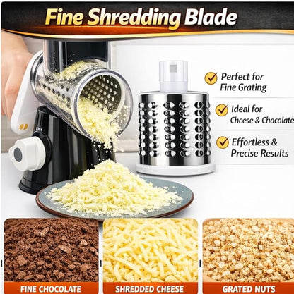Manual Rotary Cheese Grater for Kitchen, Vegetable Slicer, 3-in-1 Hand Crank Food Shredder for Cheese, Vegetables & Nuts, Stainless Steel Blades, Strong Suction Base, BPA-Free - Image 6