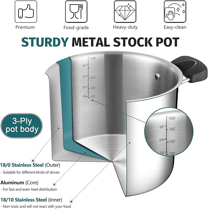 10 Quart 3-Ply Cooking Stock Pot with Lid, P&P CHEF Stainless Steel Large Pot for Pasta Soup, Work on Multi Stove, Heavy Duty & Dishwasher Safe, Dual Heat-resistant Handles & Transparent Glass Lid - Image 4