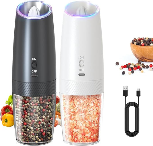 CIRCLE JOY Rechargeable Salt and Pepper Grinder Set Gravity Electric Salt and Pepper Grinder Set, LED Light, Adjustable Coarseness, for Home Kitchen BBQ, Black & White by CIRCLEJOY