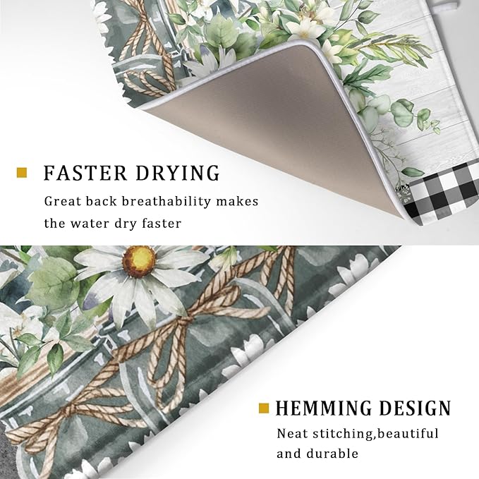 Spring Summer Daisy Floral Dish Drying Mat for Kitchen Counter Watercolor Flowers Absorbent Dishes Drainer Rack Mat 18x24 Inch Microfiber Dish Drying Pads Spring Kitchen Drying Dishes Pad Countertops