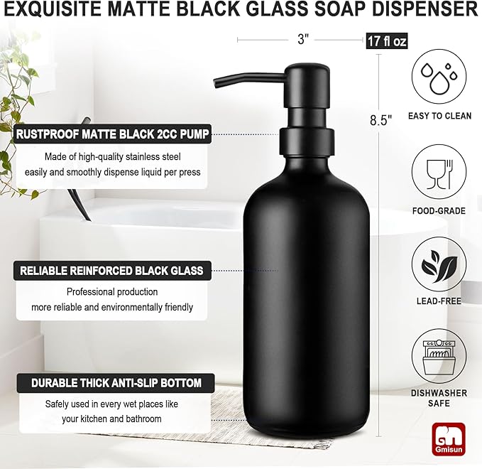 GMISUN Black Soap Dispenser, 1 Pack Matte Black Bathroom Hand Soap Dispensers, 17 Fl Oz Dish Soap Dispenser for Kitchen with Rustproof Stainless Steel Pump, Modern Liquid Dishwashing Dispensers Bottle - Image 3