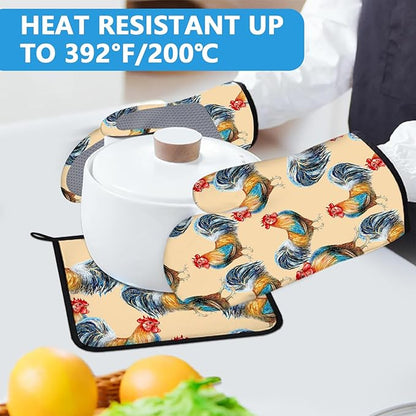 Watercolor Rooster Oven Mitts and Pot Holders Sets Heat Resistant 4Pcs Potholders Oven Gloves Hot Pads for Kitchen Baking Cooking Grilling BBQ