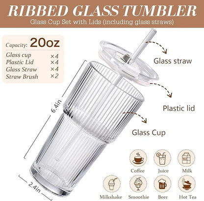 Iced Coffee Cups with Lids: Coffee Bar Accessories - Ribbed Glass Tumbler with Straw and Lid 4Pcs - 20oz Leak Proof Tumbler - Reusable Glass Cups and Tumblers with Lid and Straws for To Go Iced Coffee - Image 2