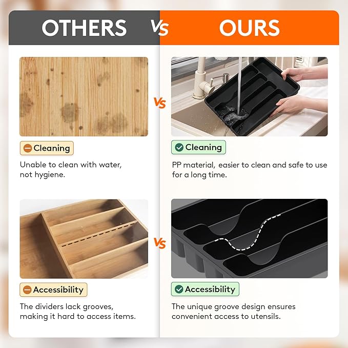 Lifewit Silverware Drawer Organizer Tray, Plastic Cutlery Storage for Kitchen, Flatware and Utensil Holder Divider for Spoons Forks Knives Tableware, 9.1 x 12.6", 5 Slots, Black - Image 8