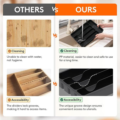 Lifewit Silverware Drawer Organizer Tray, Plastic Cutlery Storage for Kitchen, Flatware and Utensil Holder Divider for Spoons Forks Knives Tableware, 9.1 x 12.6", 5 Slots, Black - Image 8