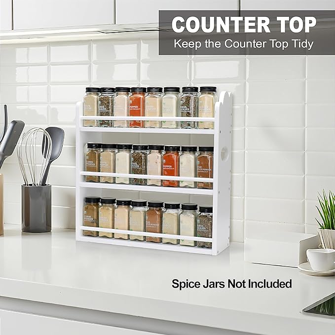 3 Tier Bamboo Spice Rack, Spice Rack Organizer, Seasoning Jars Rack Shelf Spice Organizer for Kitchen Counter or Wall Mounting, Spice Storage Holder with handles, Jars Not Included, White - Image 3