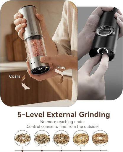 Electric Salt and Pepper Grinder Set, Type-C Rechargeable with LED Battery Level Display, Stainless Steel Salt and Pepper Shakers with Storage Base, Top Button Design, 5 Adjustable Coarseness Levels - Image 6