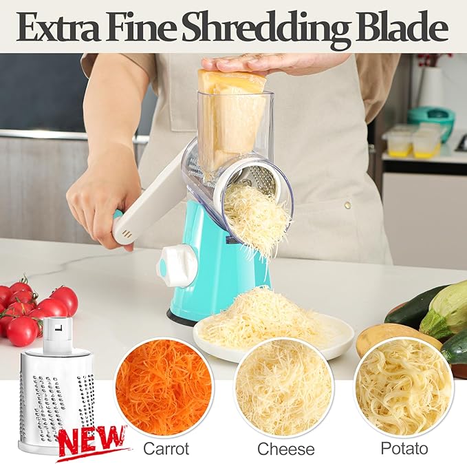 Cambom Rotary Cheese Grater Hand Crank Cheese Shredder for Fresh Cheese, Vegetable, Nuts,Non-slip Suction Base, Five Blades, Blue - Image 2