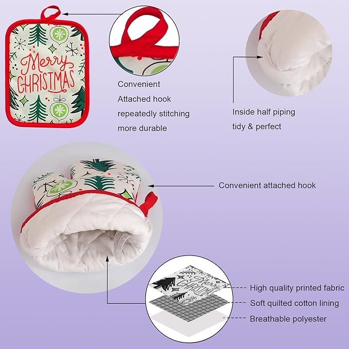 Oven Mitts and Potholders Dish Towles Set 100% Cotton for Perfect for Gifting, Baking and Everyday Cooking Durable Heat Resistant for Kitchen (5-Piece Merry Christmas) - Image 3
