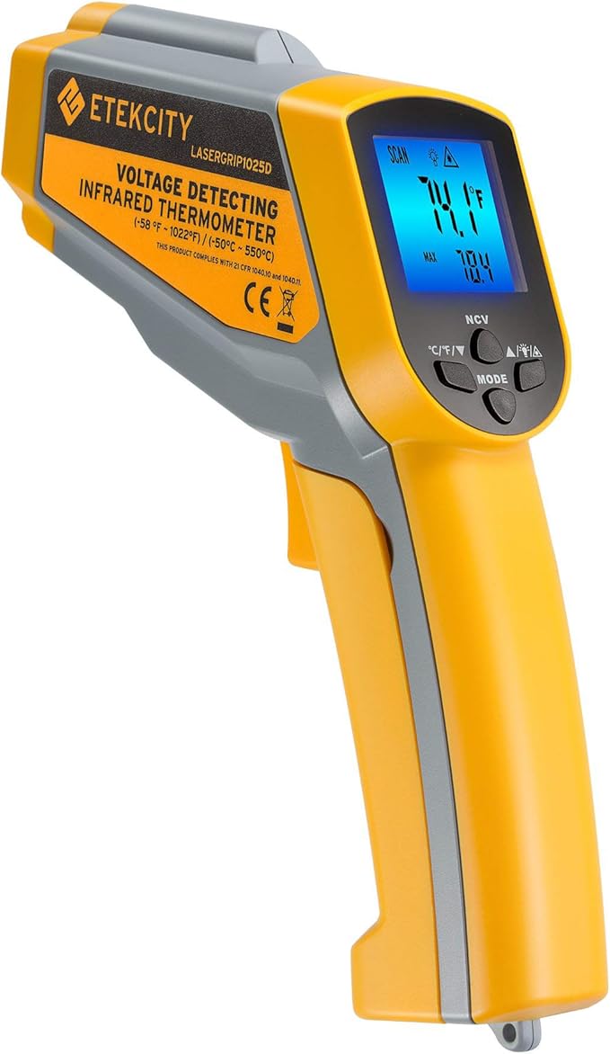 Etekcity Infrared Thermometer 1025D (Not for Human) Dual Laser Temperature Gun-58℉~1022℉ (-50℃~550℃) with Adjustable Emissivity, Non-Contact Voltage Tester (NCV), Standard Size, Yellow & Gray by Etekcity