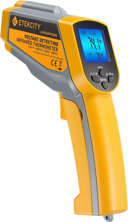Etekcity Infrared Thermometer 1025D (Not for Human) Dual Laser Temperature Gun-58℉~1022℉ (-50℃~550℃) with Adjustable Emissivity, Non-Contact Voltage Tester (NCV), Standard Size, Yellow & Gray by Etekcity