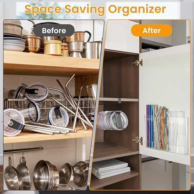 Kitchen Cabinet Straw Holder: Acrylic Organizer and Hanging Lid Rack with Adhesive for Door – Cup Tumbler Accessories Storage Set - Image 4