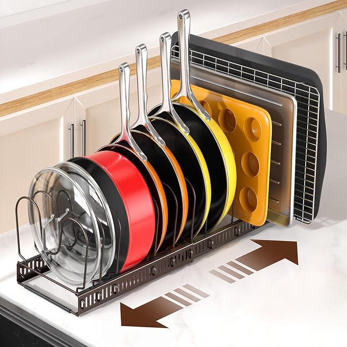 ORDORA Pots and Pans Organizer under Cabinet with Pan Holder: Expandable 11.8"-22.8" Kitchen Cabinet Organizer Rack, 12 Adjustable Dividers Storage for Cookie Sheets, Cutting Boards & Lid, Bronze - Image 2