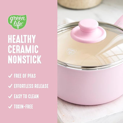 GreenLife 2.5QT Nonstick Saucepan with Glass Lid, Soft Grip, PFAS-Free Ceramic, Multipurpose Chef Pan, Milk & Sauce Cooking Pot, Dishwasher & Oven Safe to 350˚F, Stay-Cool Handle, Pink - Image 2