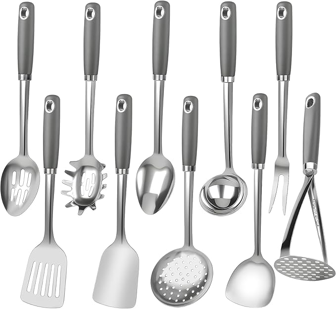 10 Piece Stainless Steel Cooking Utensils Set - 18/0 Heavy Duty Kitchen Tools for Grilling & Serving (Grey) by VZZNN